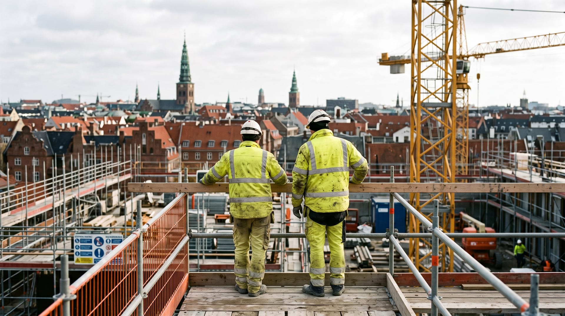 Byggeplads med håndværkere i arbejde